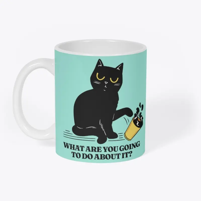 Defiant Black Cat Knocking a Coffee Cup