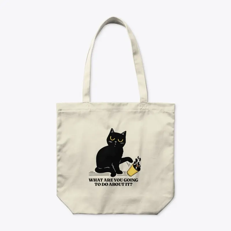 Defiant Black Cat Knocking a Coffee Cup